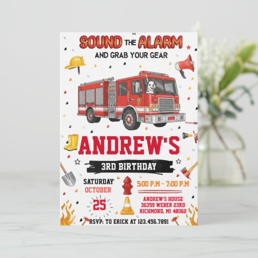 FireFigher truck Birthday with Custom image 招待状 (スタンド正面)