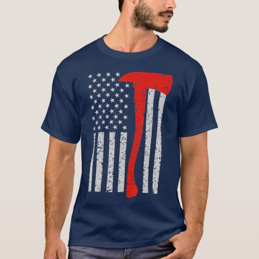 Firefighter American Flag Axe T Shirt Thin Red Tシャツ (正面)