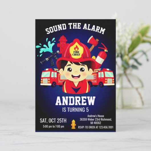 Firefighter Birthday Invitation with Photo 招待状 (スタンド正面)