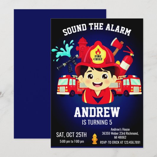 Firefighter Birthday Invitation with Photo 招待状 (正面/裏面)