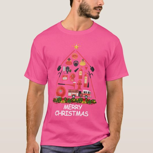 Firefighter Christmasree Merry Christmas funny Tシャツ (正面)