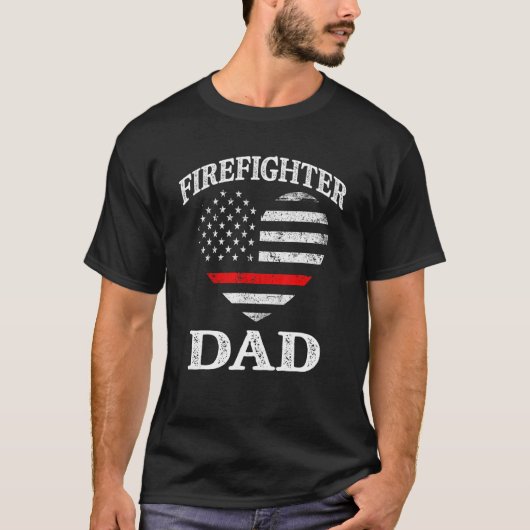 Firefighter Dad Patriotic US Flag Heart Fireman Fi Tシャツ (正面)