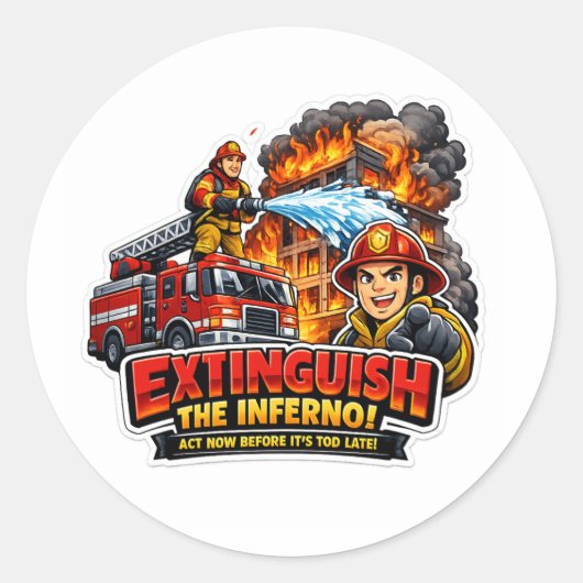 Firefighter Extinguish The Inferno Cartoon Sticker ラウンドシール (正面)
