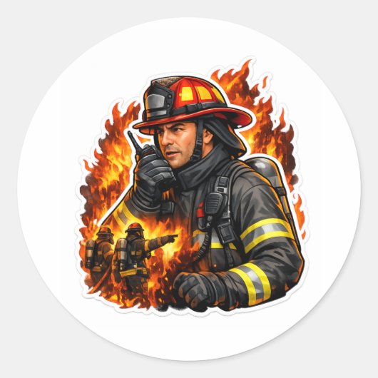 Firefighter Hero Sticker – Brave Fireman Flame Art ラウンドシール (正面)