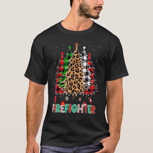 Firefighter Leopard Red White Green Plaid Christma Tシャツ (正面)