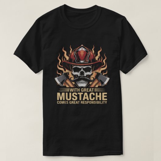 Firefighter Mustache Skull Hero Flame Axes First R Tシャツ (デザイン正面)