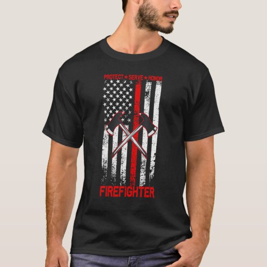 Firefighter Protect Serve Honor Pick Axes Over US  Tシャツ (正面)