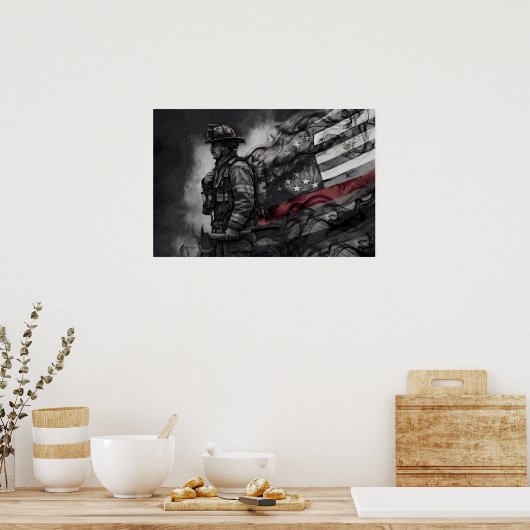Firefighter Red Line Tribute Smoke American Flag ポスター (キッチン)