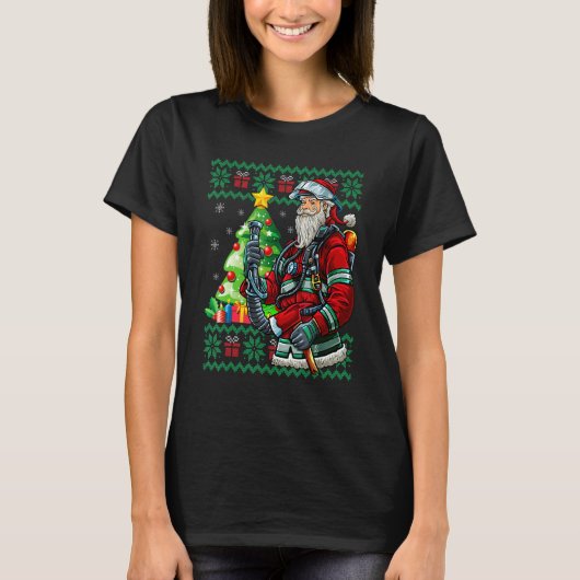 Firefighter Santa Claus Fireman Ugly Christmas Swe Tシャツ (正面)