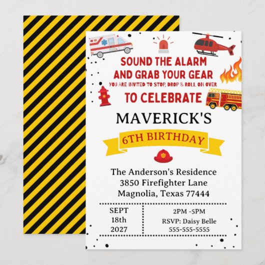 Firefighter Sound The Alarm Birthday 招待状 (正面/裏面)