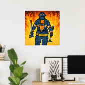 Firefighter Standing Against the Flames ポスター (ホームオフィス)
