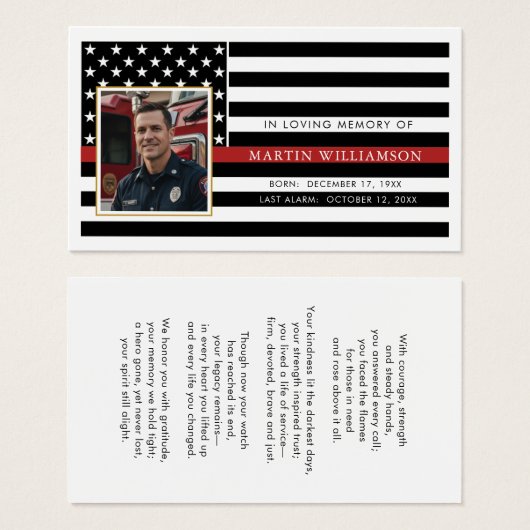 Firefighter Thin Red Line Flag Photo Prayer Card (正面&裏面)