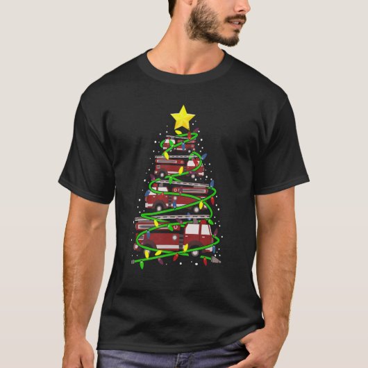 firefighter truck christmas tree pajamas santa cla tシャツ (正面)