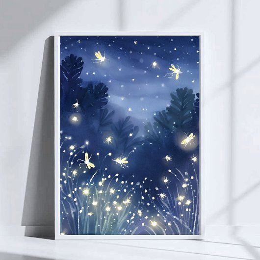 Fireflies at Night | Firefly Blue Watercolor ポスター