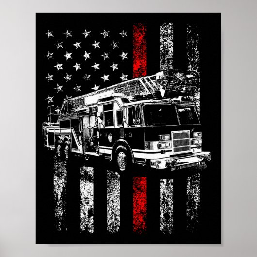 Fireman American Flag Thin Red Line Firefighter ポスター (正面)