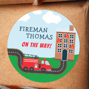 Fireman and Fire Truck with First Name Little Boy ラウンドシール