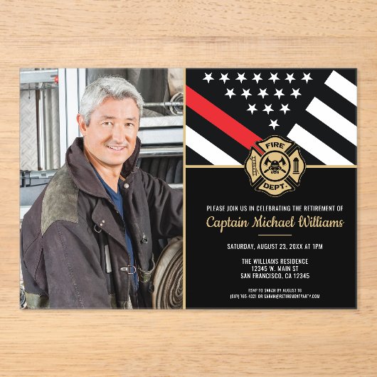 Fireman Photo Red Line Flag Firefighter Retirement アクリル招待状 (正面)