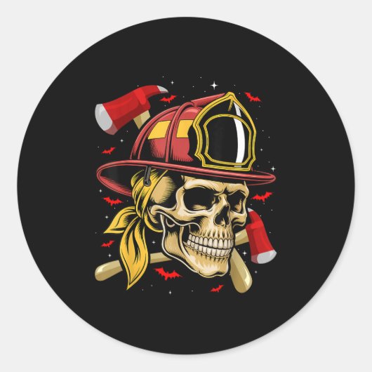 Fireman Skull Firefighter Skeleton Halloween Costu ラウンドシール (正面)