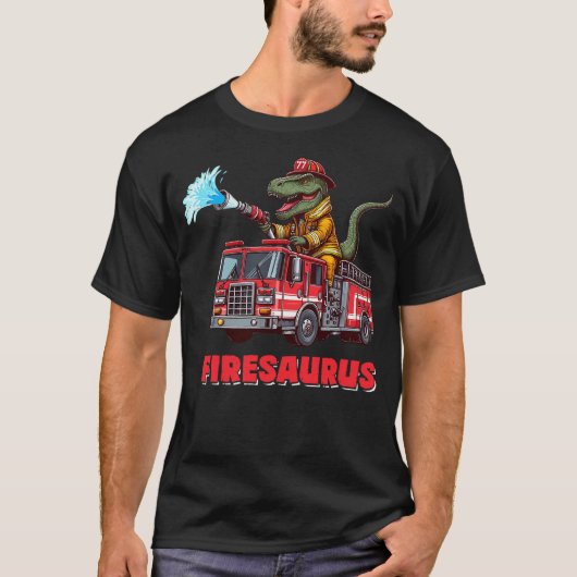 Firesaurus Firefighter Fire Truck T-Rex Dinosaur L Tシャツ (正面)