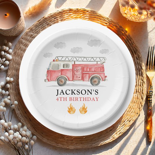 Firetruck Calling All Firefigthers Boy Birthday ペーパープレート
