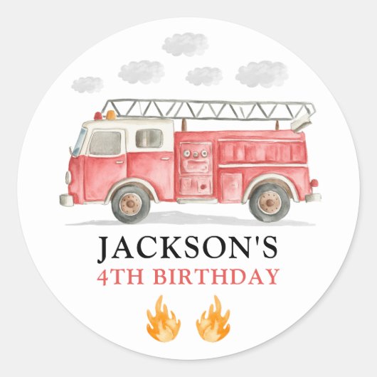 Firetruck Calling All Firefigthers Boy Birthday ラウンドシール (正面)