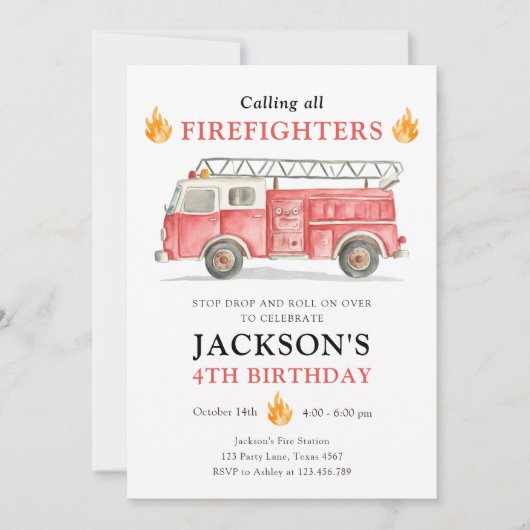 Firetruck Calling All Firefigthers Boy Birthday 招待状 (正面)