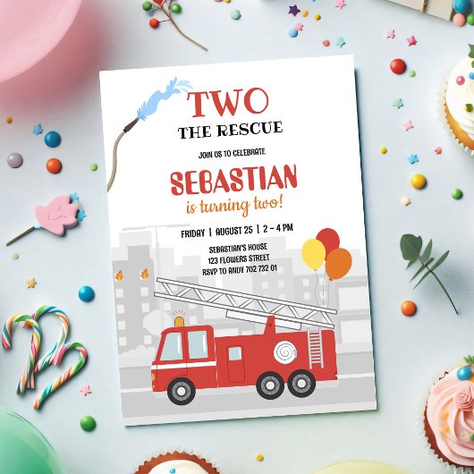 Firetruck Firefighter Boy Birthday Invitation 招待状