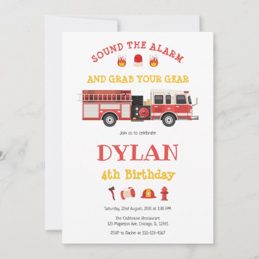 Firetruck Firefighter Kids Birthday Invitation 招待状 (正面)