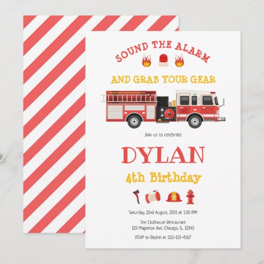 Firetruck Firefighter Kids Birthday Invitation 招待状 (正面/裏面)