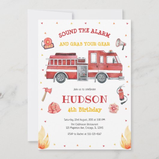 Firetruck Firefighter Kids Birthday Invitation 招待状 (正面)