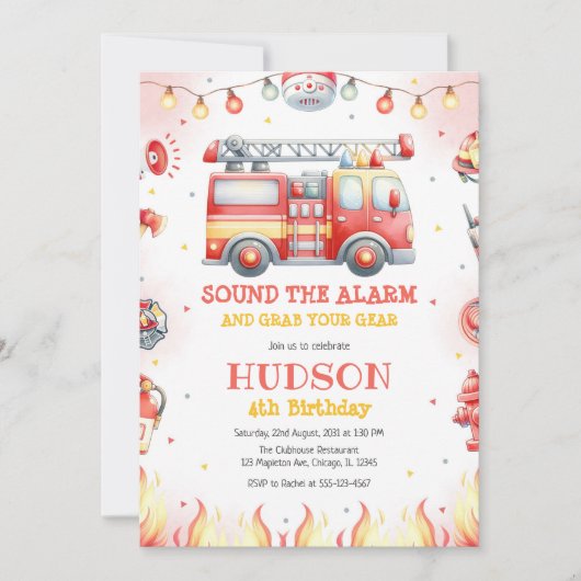 Firetruck Firefighter Kids Birthday Invitation 招待状 (正面)