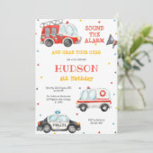 Firetruck Firefighter Kids Birthday Invitation 招待状 (スタンド正面)