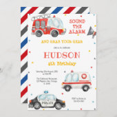 Firetruck Firefighter Kids Birthday Invitation 招待状 (正面/裏面)