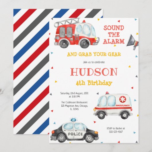 Firetruck Firefighter Kids Birthday Invitation 招待状 (正面/裏面)