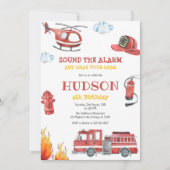 Firetruck Firefighter Kids Birthday Invitation 招待状 (正面)