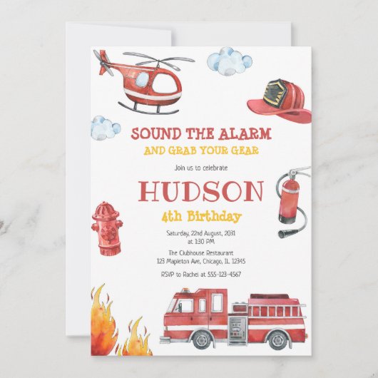 Firetruck Firefighter Kids Birthday Invitation 招待状 (正面)