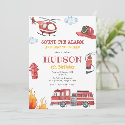 Firetruck Firefighter Kids Birthday Invitation 招待状 (スタンド正面)