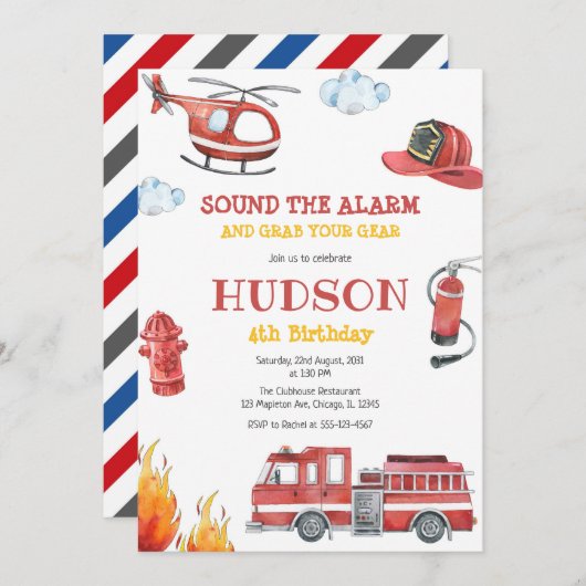 Firetruck Firefighter Kids Birthday Invitation 招待状 (正面/裏面)