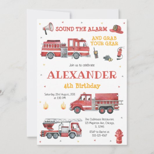 Firetruck Firefighter Kids Birthday Invitation 招待状 (正面)