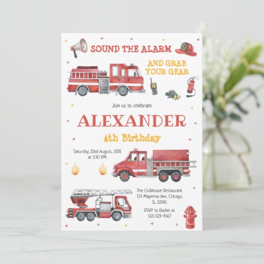 Firetruck Firefighter Kids Birthday Invitation 招待状 (スタンド正面)