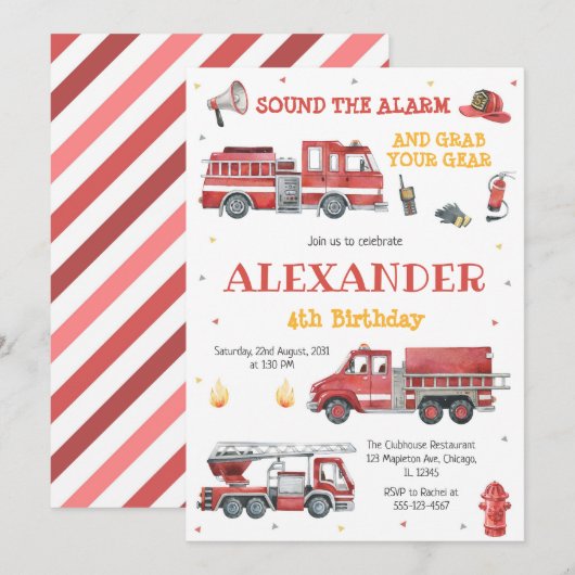 Firetruck Firefighter Kids Birthday Invitation 招待状 (正面/裏面)