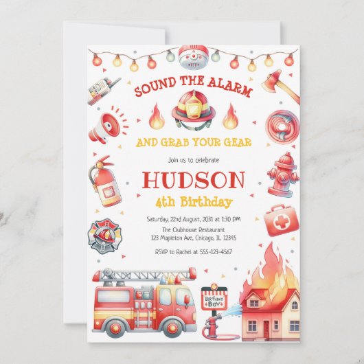 Firetruck Firefighter Kids Birthday Invitation 招待状 (正面)