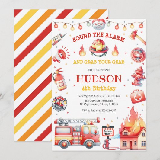 Firetruck Firefighter Kids Birthday Invitation 招待状 (正面/裏面)