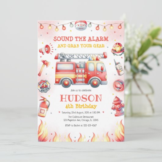 Firetruck Firefighter Kids Birthday Invitation 招待状 (スタンド正面)