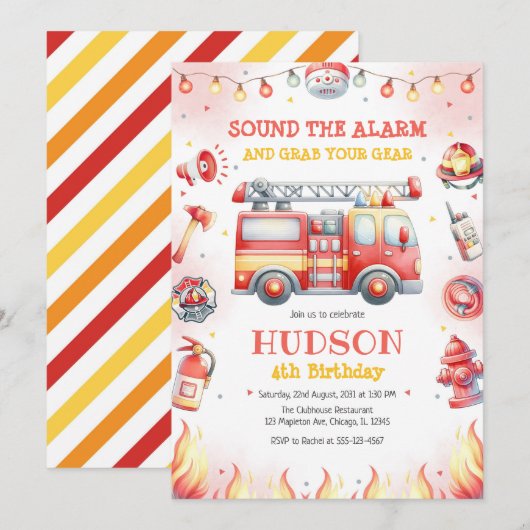 Firetruck Firefighter Kids Birthday Invitation 招待状 (正面/裏面)