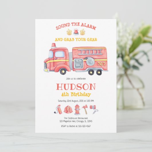 Firetruck Firefighter Kids Birthday Invitation 招待状 (スタンド正面)