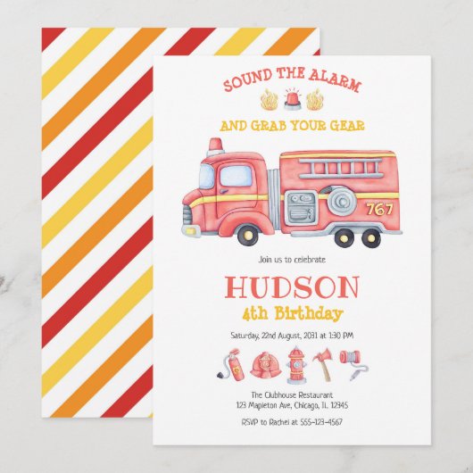 Firetruck Firefighter Kids Birthday Invitation 招待状 (正面/裏面)
