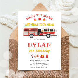 Firetruck Firefighter Kids Birthday Invitation 招待状