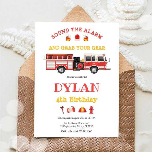 Firetruck Firefighter Kids Birthday Invitation 招待状