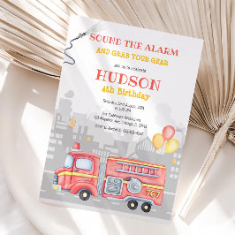 Firetruck Firefighter Kids Birthday Invitation 招待状